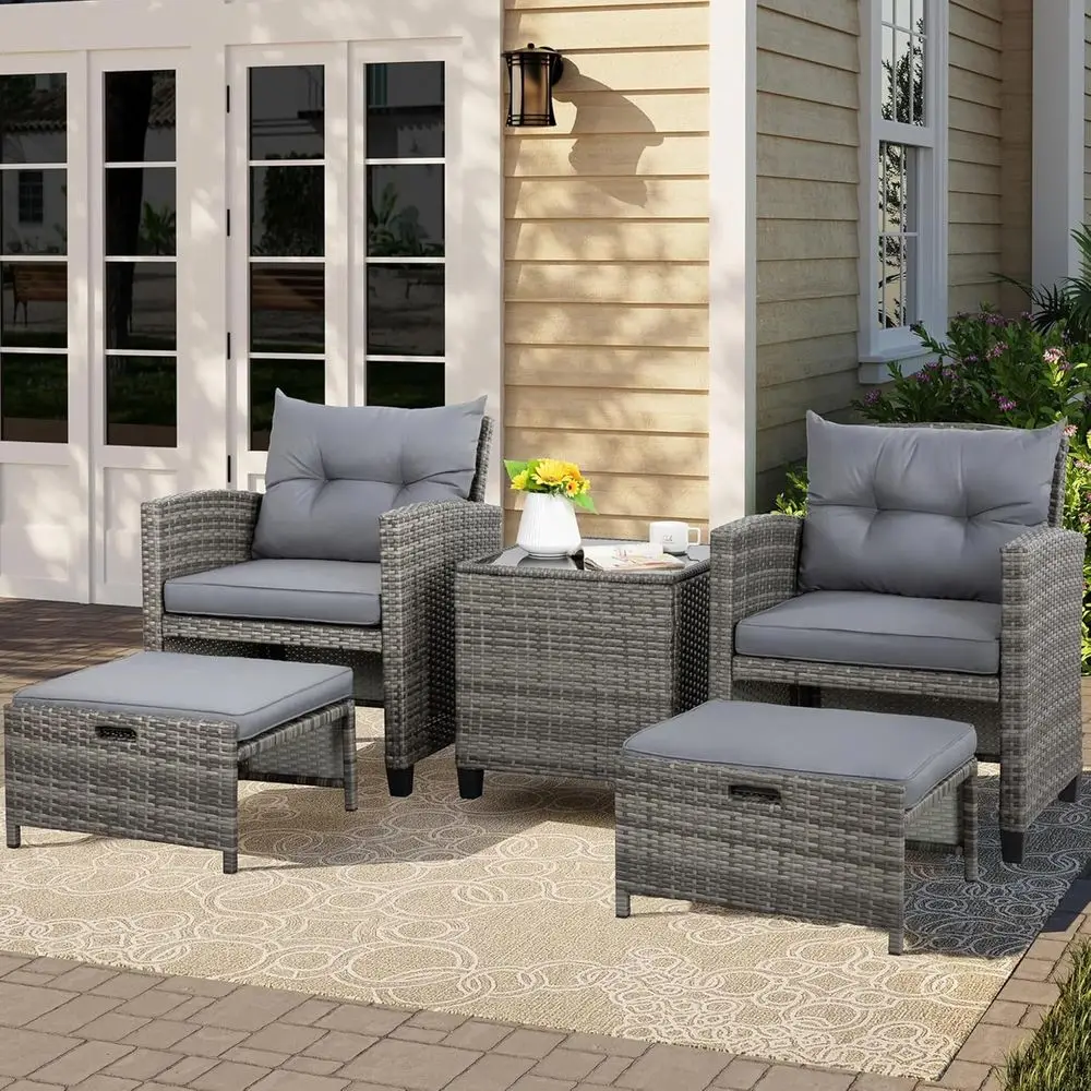 

Light Grey 5-Piece Patio Furniture Set: Small Balcony Chairs with Cushions, Ottomans, and Glass Table for Outdoor Garden Relaxat