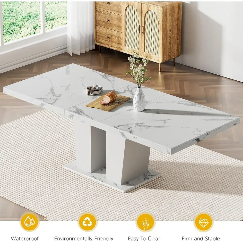 طاولة طعام رخامية كبيرة قابلة للتوسيع تتسع لـ 6-10 أشخاص مع قاعدة خشبية مزدوجة العمود #5