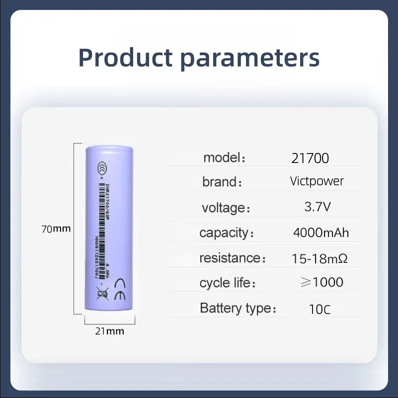 Victpower 10pcs 3.6V 21700 4000mAh High Capacity Rechargeable Lithium Battery for Solar Light/Toys/E-bike