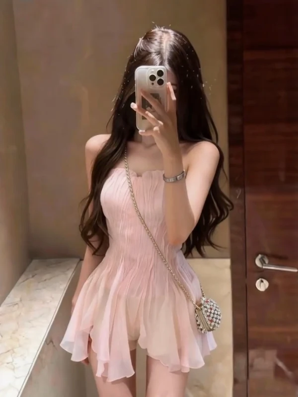 Summer Pure Desire Sexy Girl One-Shoulder Pleated Tube Top Vest Women's Fashion See-through Sleeveless Irregular Hem Small Top