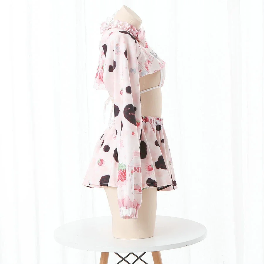 Anime Maid Outfit Cosplay Uniform Pink Lolita Dresses Cow Girl Strawberry Long Sleeve Hollow Out Bikini Skirt Tops Set Costumes