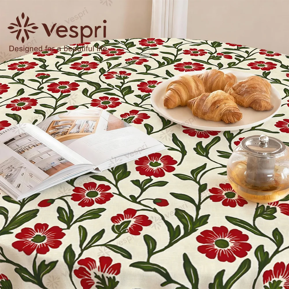 Vespri Spring Tablecloth, with white and red decorations, featuring flowers, green leaves and stripes.