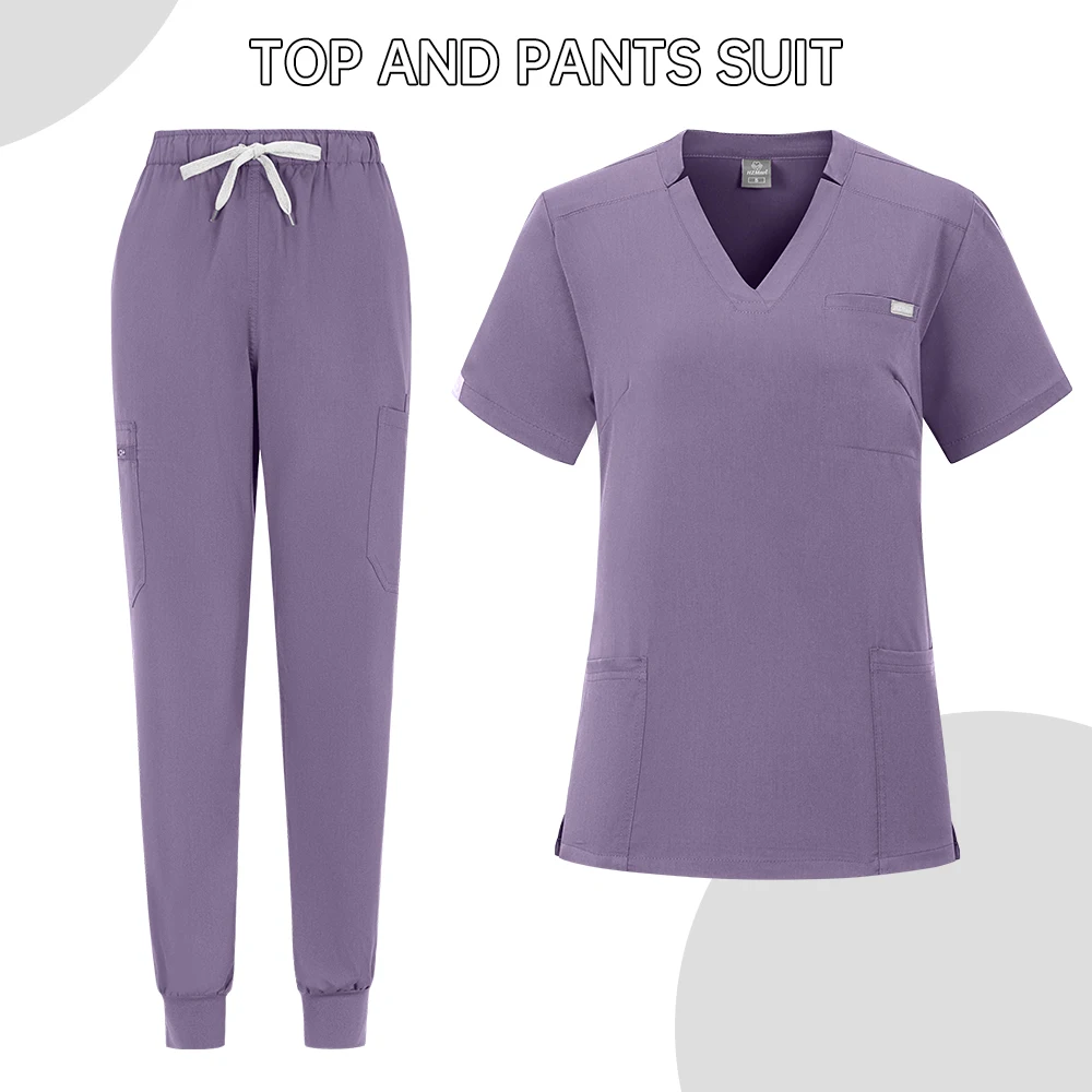 Scrubs Uniform Anzug Kurzarm V-ausschnitt Tops + Jogger Hosen Set Pflege Uniform Frauen Mehrfarbige Pet Doctor Scrub Medizinische Arbeitskleidung