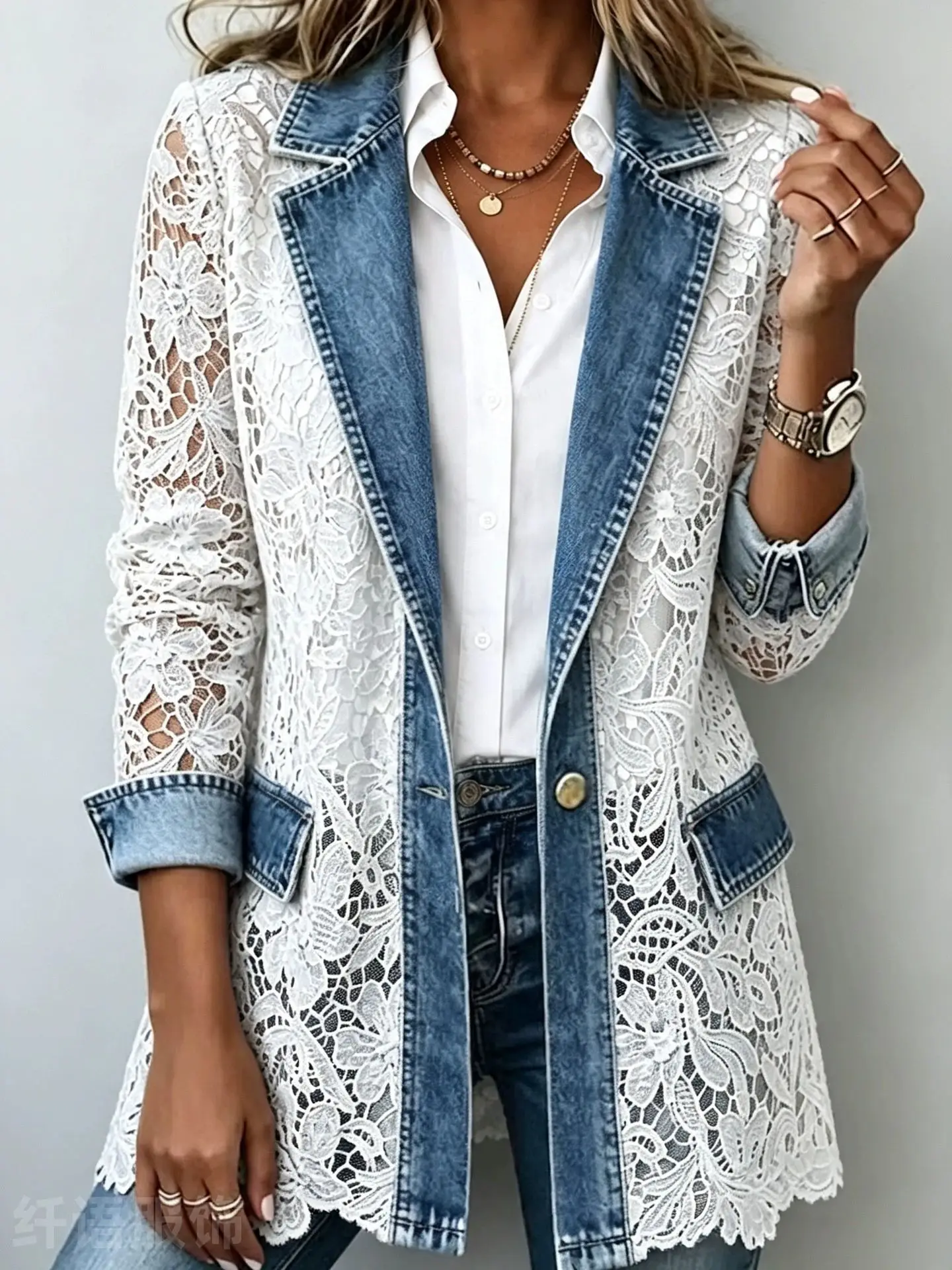 Damen Casual Patchwork-Jeansjacke mit Umlegekragen, Langarm-Spitzenhemd, Neuer Stil für Damen – Detail 6