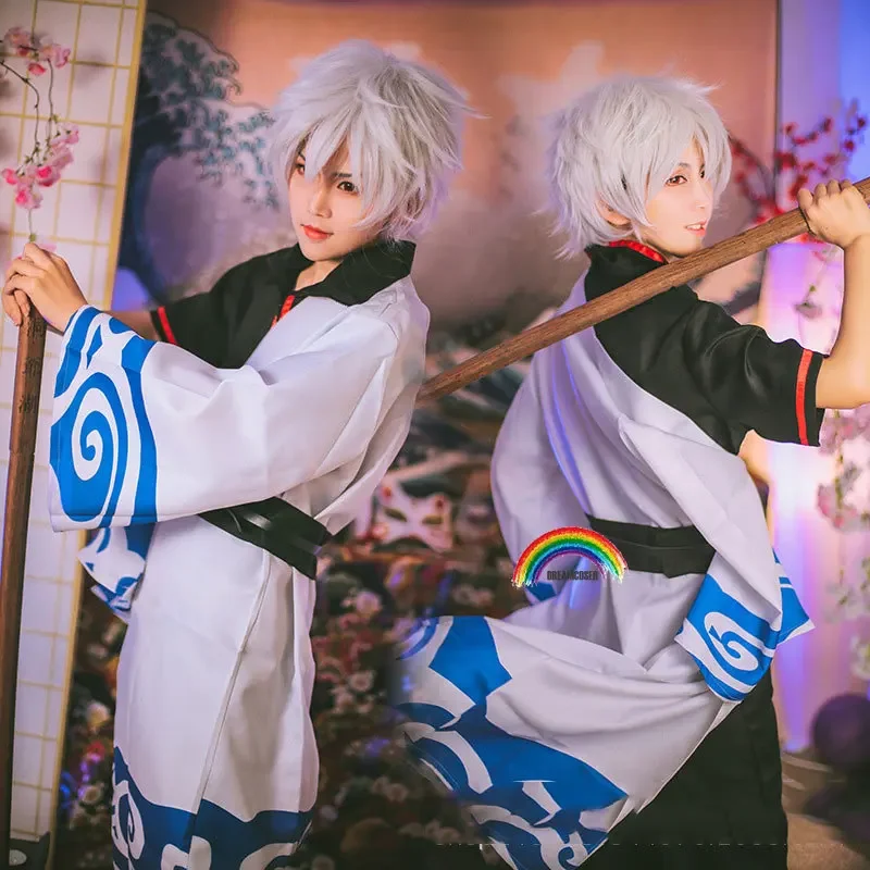 Anime Gintama Cosplay Kostüme Sakata Gintoki Cosplay Kostüm Kimono Halloween Karneval Party Silver Soul Cosplay Kostüm Perücken