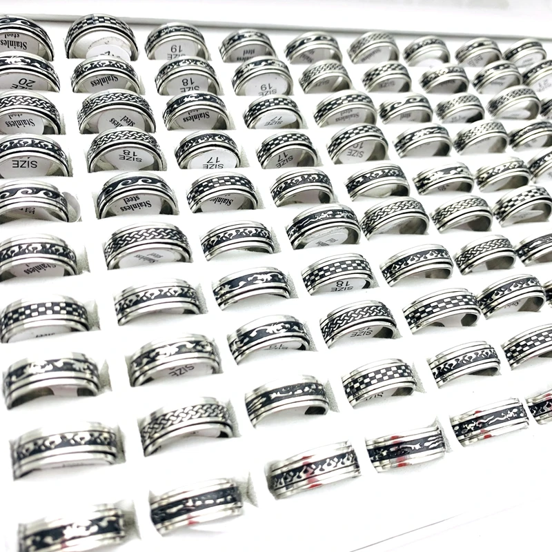 Wholesale 50pcs Stainless Steel Rotatable Rings For Men Women 8mm Black Etched Patterns Fashion Jewelry Spinner Party Gift