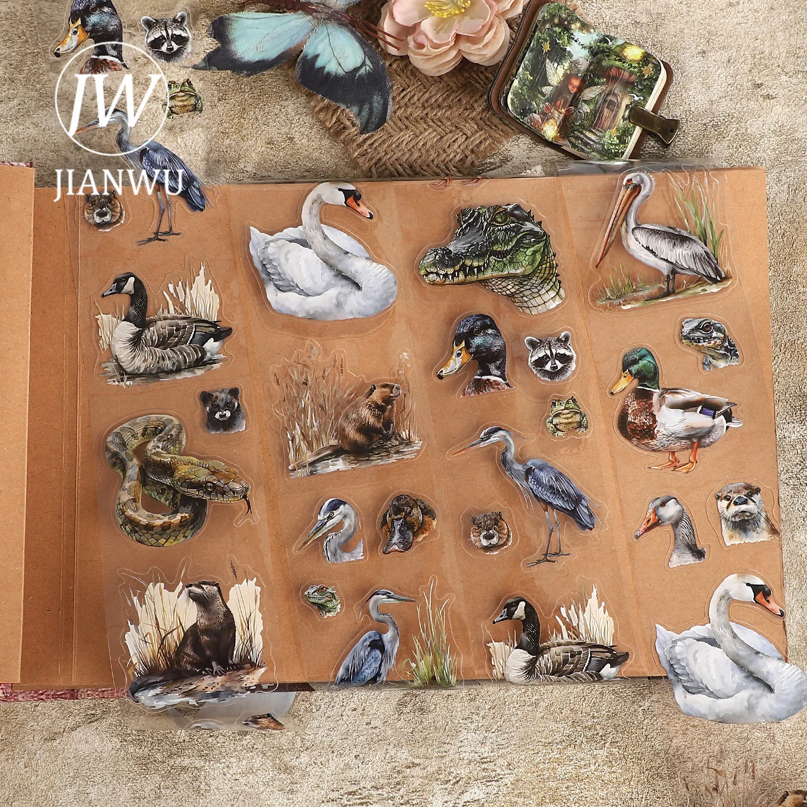 

JIANWU 60mm*200cm Vintage Wetland Animals Landscape Material Collage Scrapbooking PET Tape Creative DIY Journal Stationery