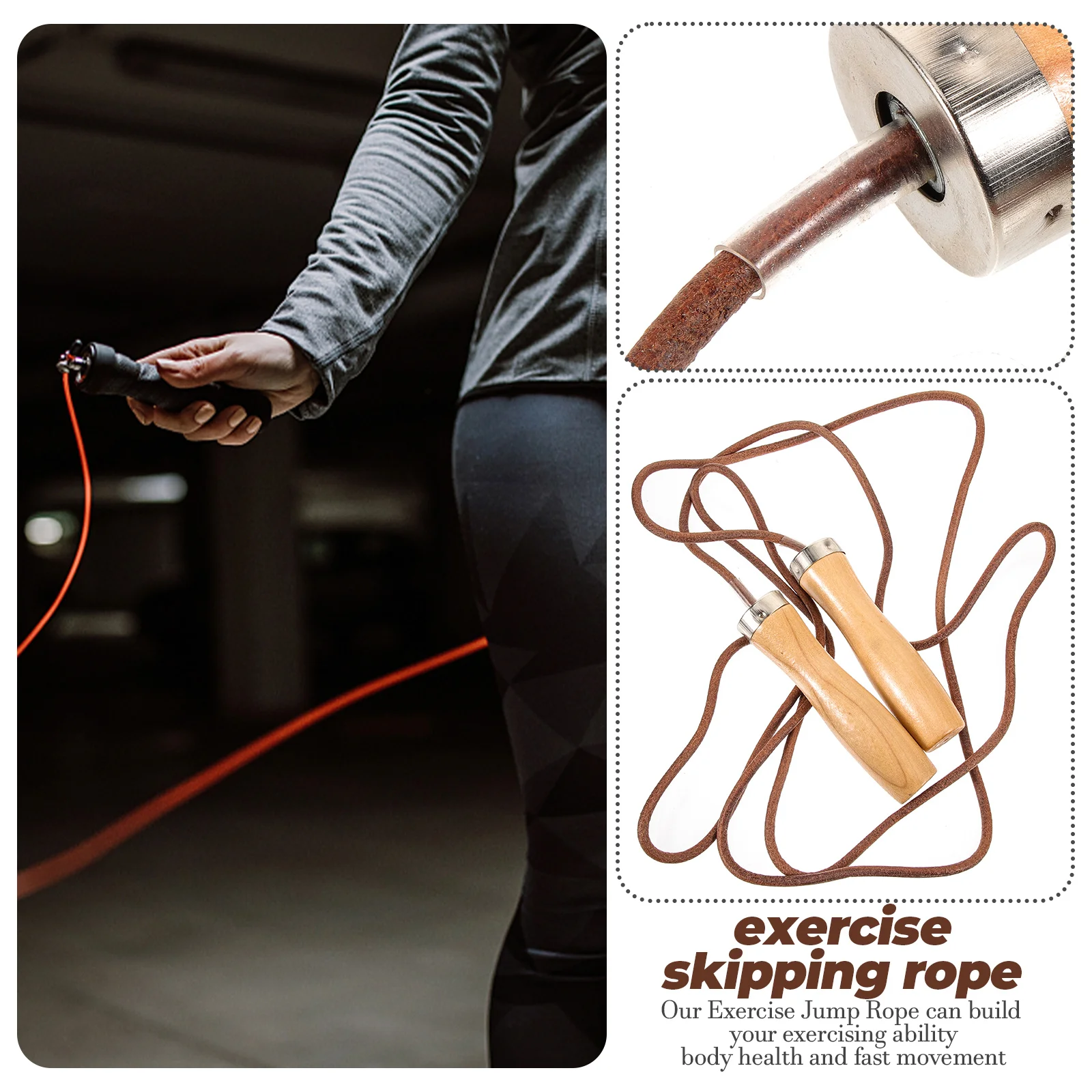

1PC Weighted Jump Cowhide Ergonomic Wooden Handle Exercise Fitness Skipping Equipment Portable Wear for Body
