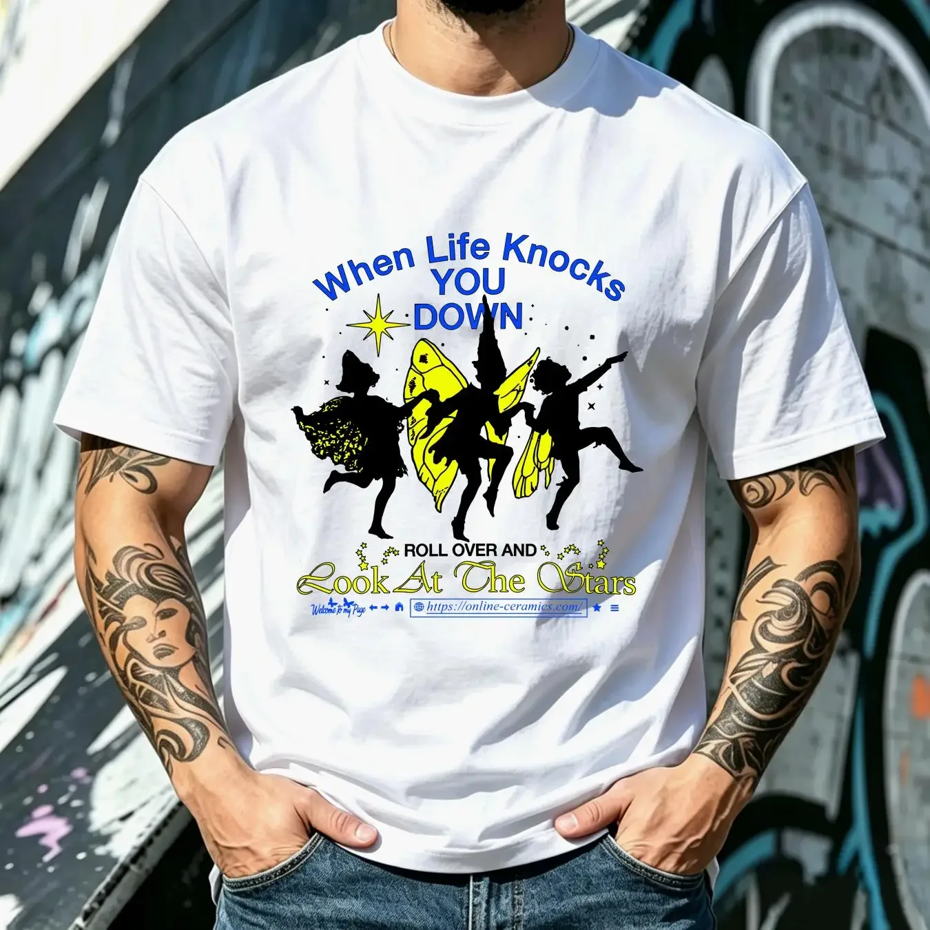 washed T Shirt New Online Ceramics When Life Knocks You Down Stars Fairycore White M long or short sleeves vintage Washed Soft