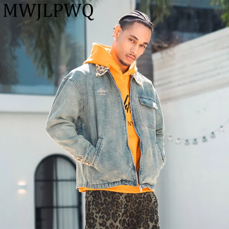 

MWJLPWQ Джинсовая куртка с леопардовым принтом и воротником в американском стиле, мужская модная стираная винтажная лоскутная повседневная куртка на молнии, новые топы 12371