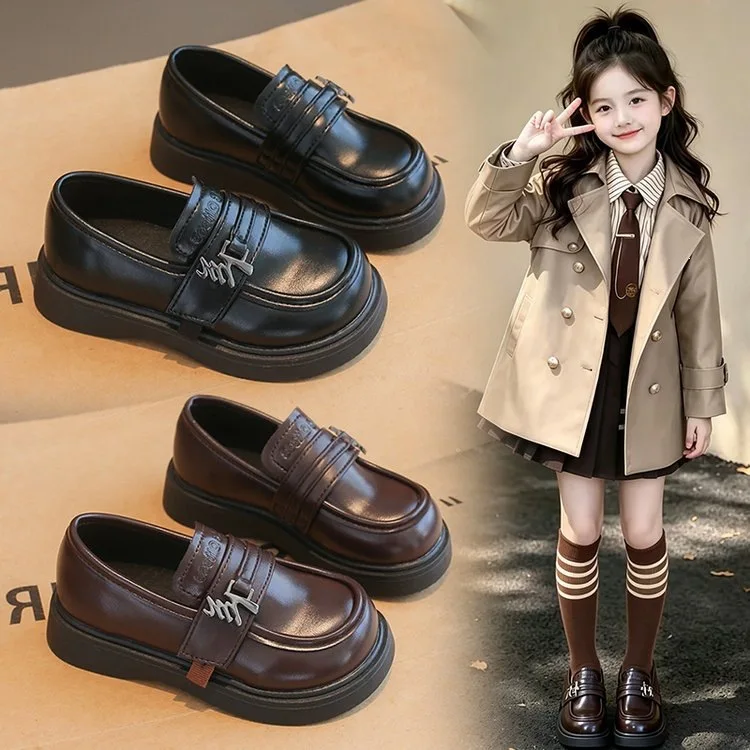 2026 Britain Style Children's Leather Shoes for Boys Spring New Girls Retro Black Single Shoes Soft Moccasin Shoes for Children