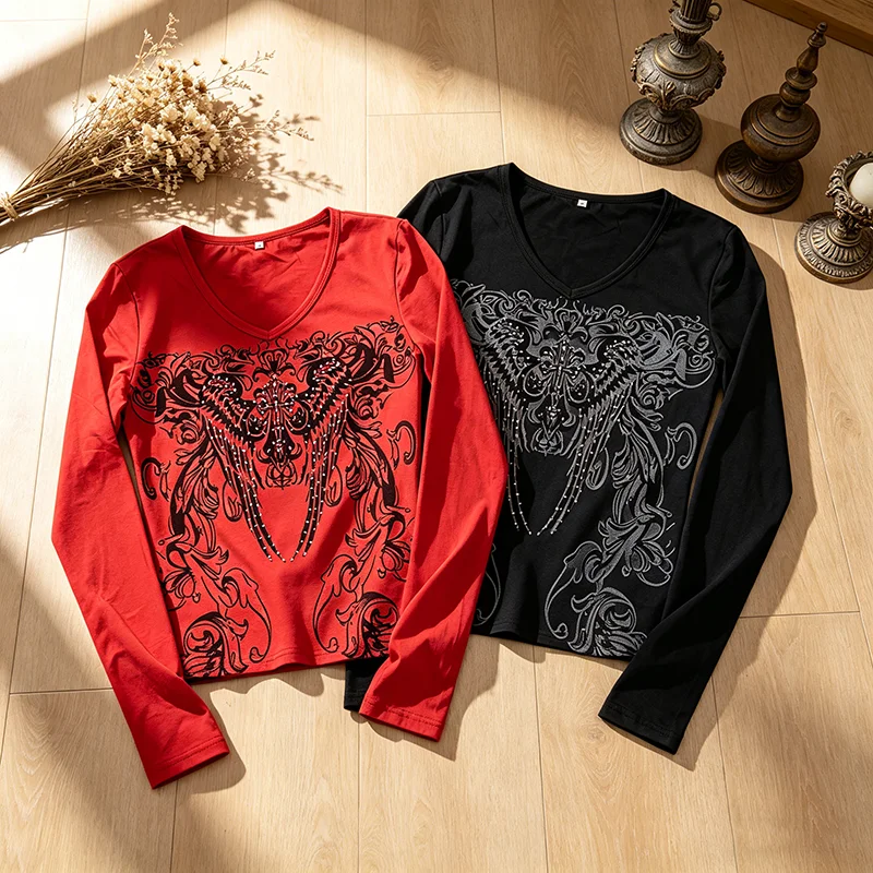 Gothic Bedrucktes Spicy Girl Langarm-T-Shirt Damen Schlankmachendes Y2K Rundhals-Oberteil mit Geraffter Taille Sommer Neu