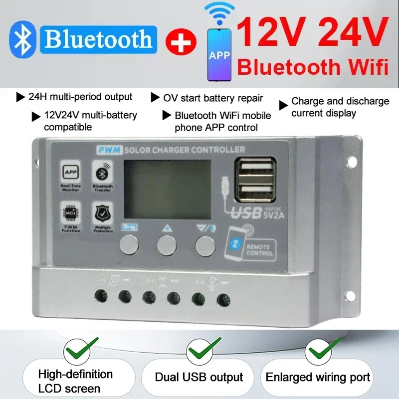Wifi Bluetooth PWM Solar Charge Controller 10A 30A 60A 12V 24V Auto Dual USB Load Discharger Solar Panel Regulator LCD Display