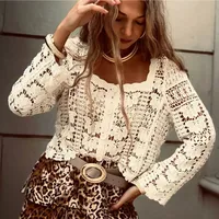 Cotton Crochet Lace Blouses Shirt For Women Vintage Hollow out Long Sleeve Square collar Blouse Summer Boho Cover-up Ladies Tops