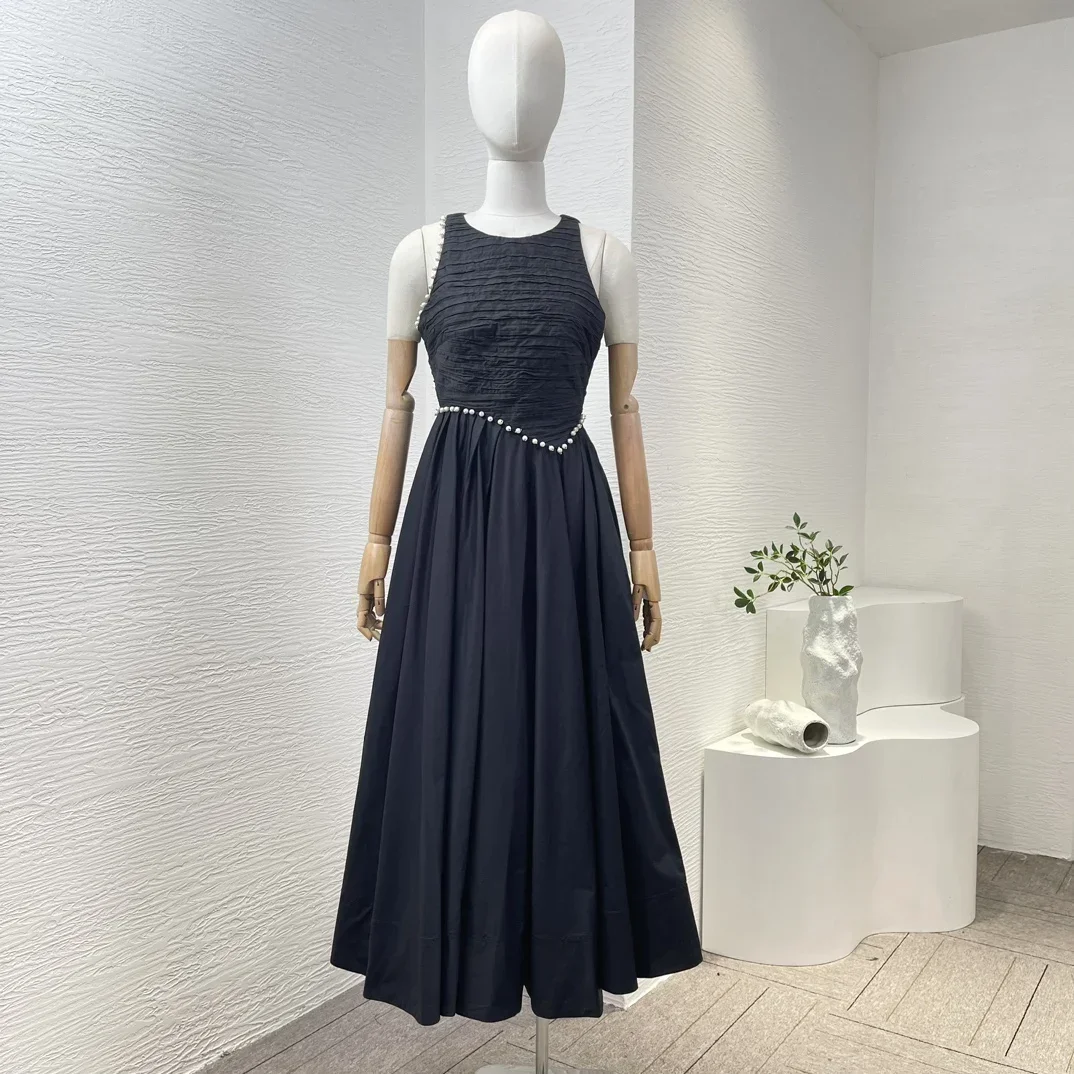 

Poplin High Quality New A-line Black Pearls Beading Sleeveless Ruched Pleat Backless Women Elegant Midi Dress