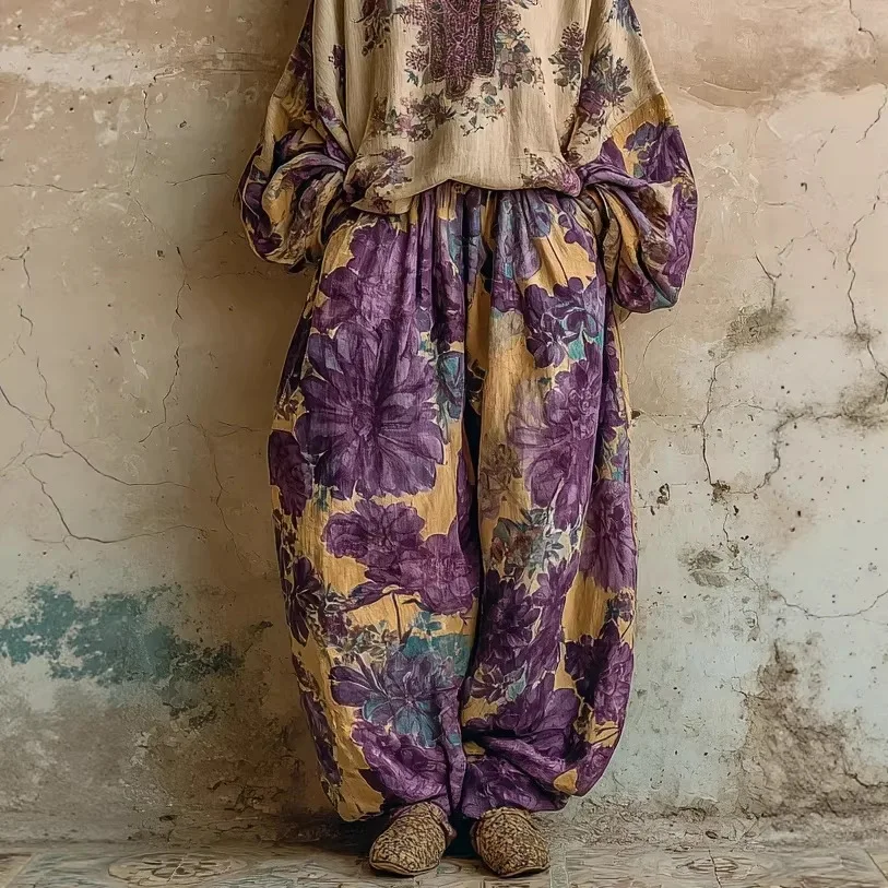 2026 Spring New Retro Print Loose V Neck Top Long Skirt Two Piece Set Elegant Fashion Design Women Outfit view 3