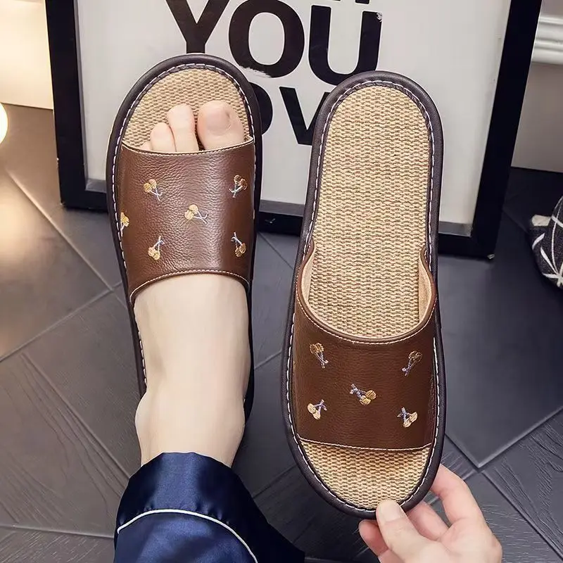

Men Real Leather Embroidered One Word Linen Slippers Summer New Soft sole Breathable High Quality Home Slippers Floor Slippers