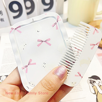 (New)White Rabbit Bow Flip-Top Folding Makeup Mirror Portable Pocket Mirror Women Rectangle Cosmetic Make Up Mirror With Comb