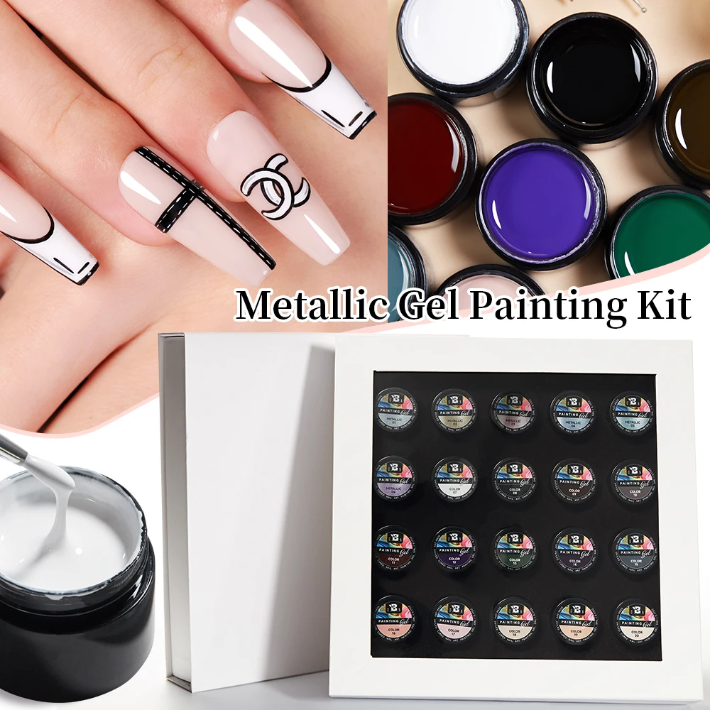 BOZLIN 20 Colors Metallic Gel Painting Kit Nail Art Design Varnish Soak Off UV LED Top Coat Semi Permanent For Manicure Polish