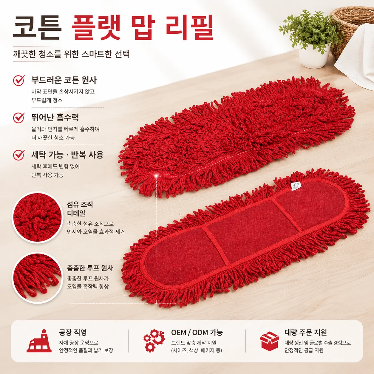 Red Cotton Dust Mop Refill Pad with Fringe, Reusable Flat Auditorium Mop Head Replacement for School Subway Cleaning