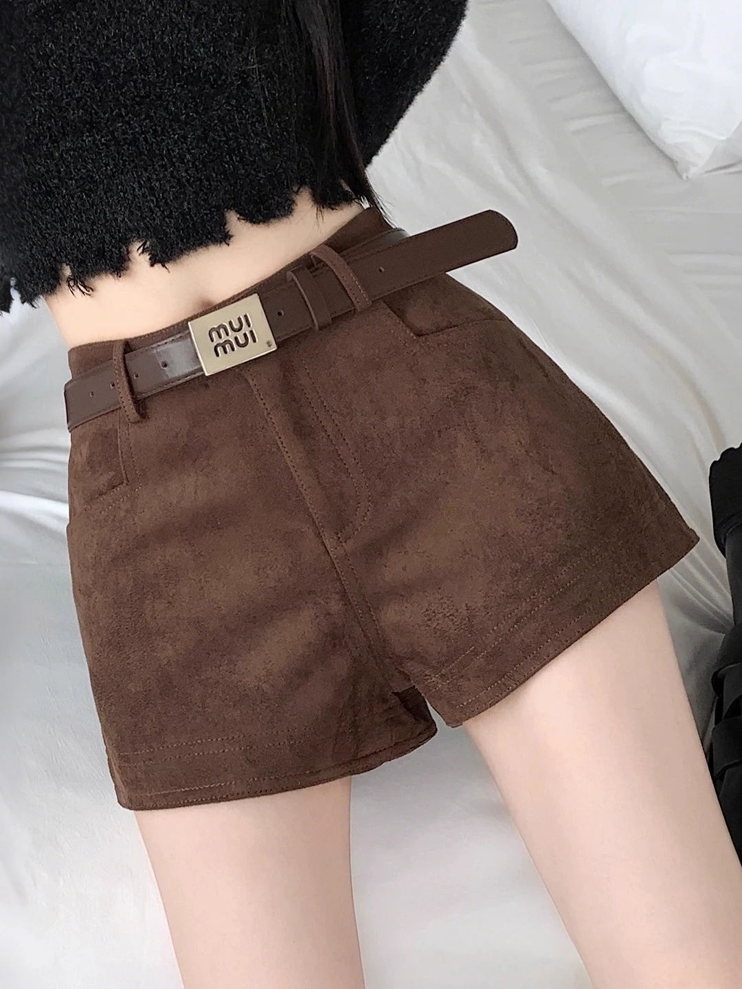 

Retro Coffee Suede ort Pants Women's Winter High Waist A-Line Bootcut Slimming Trendy Commute Sle Straight Leg Trousers