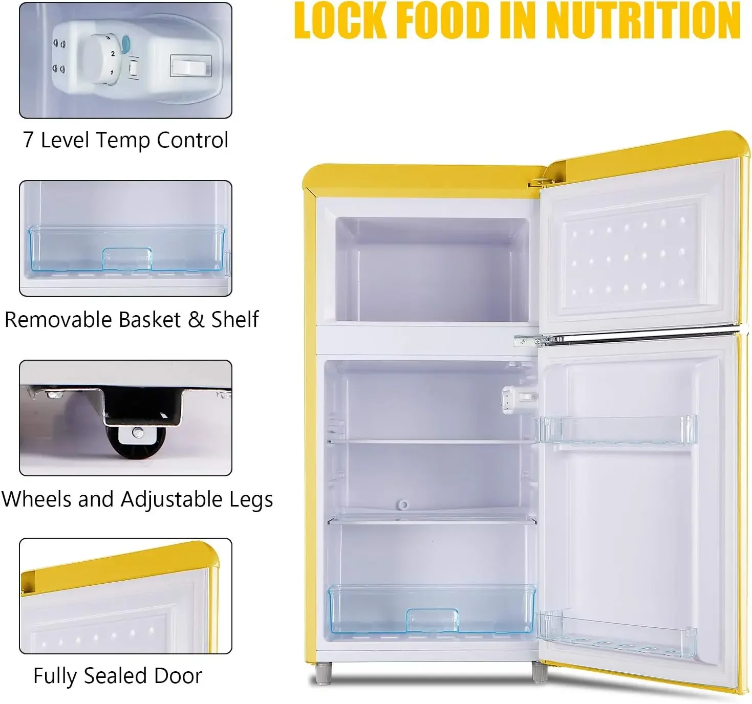 Compact Refrigerator, 3.5 Cu.Ft Retro Mini Fridge with Freezer, Dual Door Small Refrigerator with 7 TEMP Modes, LED Lights