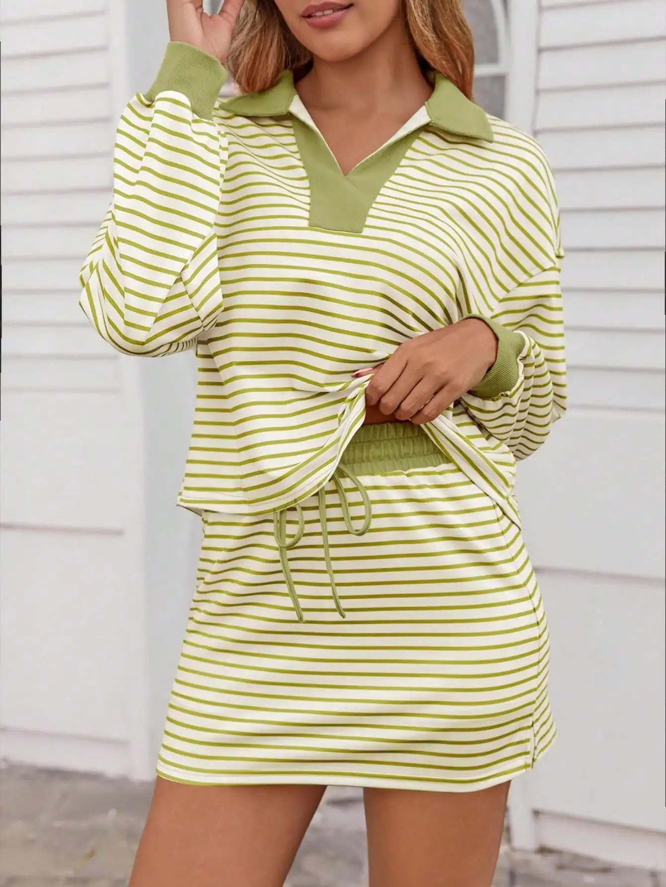 Ensemble sweat-shirt et jupe-short rayés Y2K pour femmes, tenue de salon à manches longues, Coord de Tennis assorti, coupe confortable d'été, 2025