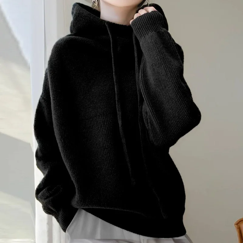 Autumn Winter Knitted Hoodies Pullovers Sweater Women Long Sleeve Sweatshirts Top Drawstring Knitwear Tops Office Lady Sweater 5