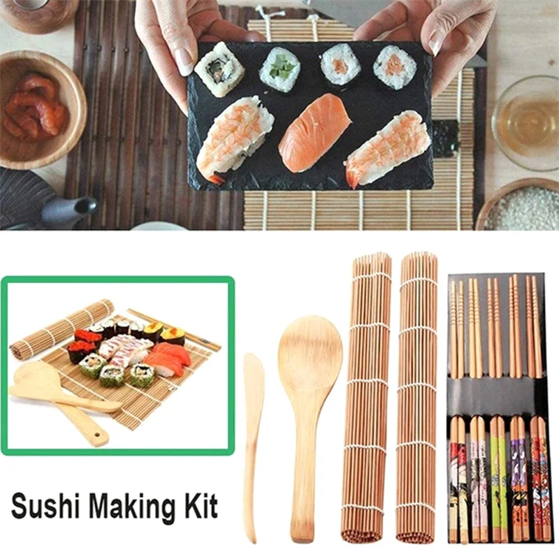 Juego de 9 Uds de herramientas para hacer Sushi de cocina DIY, Kit de herramientas para hacer Sushi de bambú, rodillo de arroz, molde, palillos, juego de herramientas de cocina