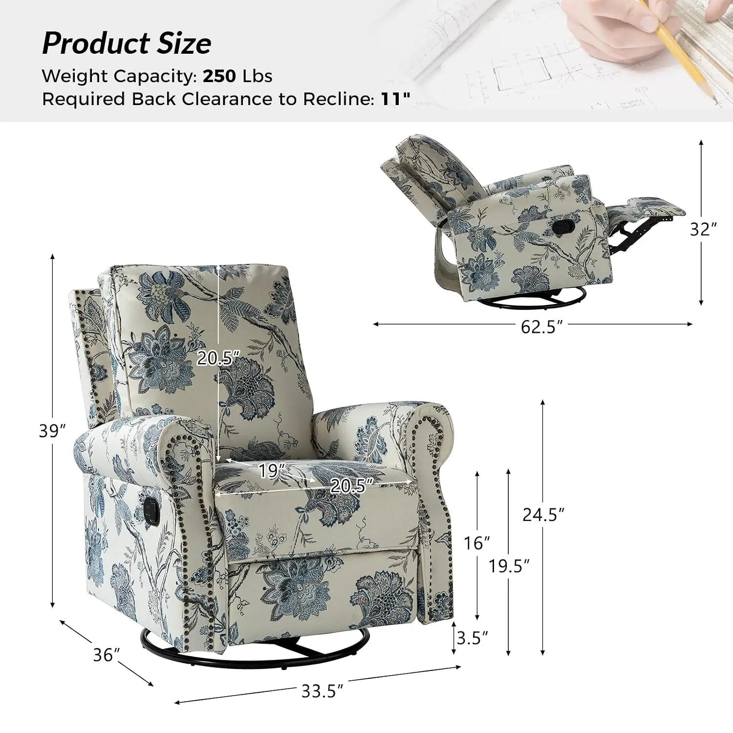 Patterned Fabric Swivel Rocker Recliner Glider, Living Room, Customized