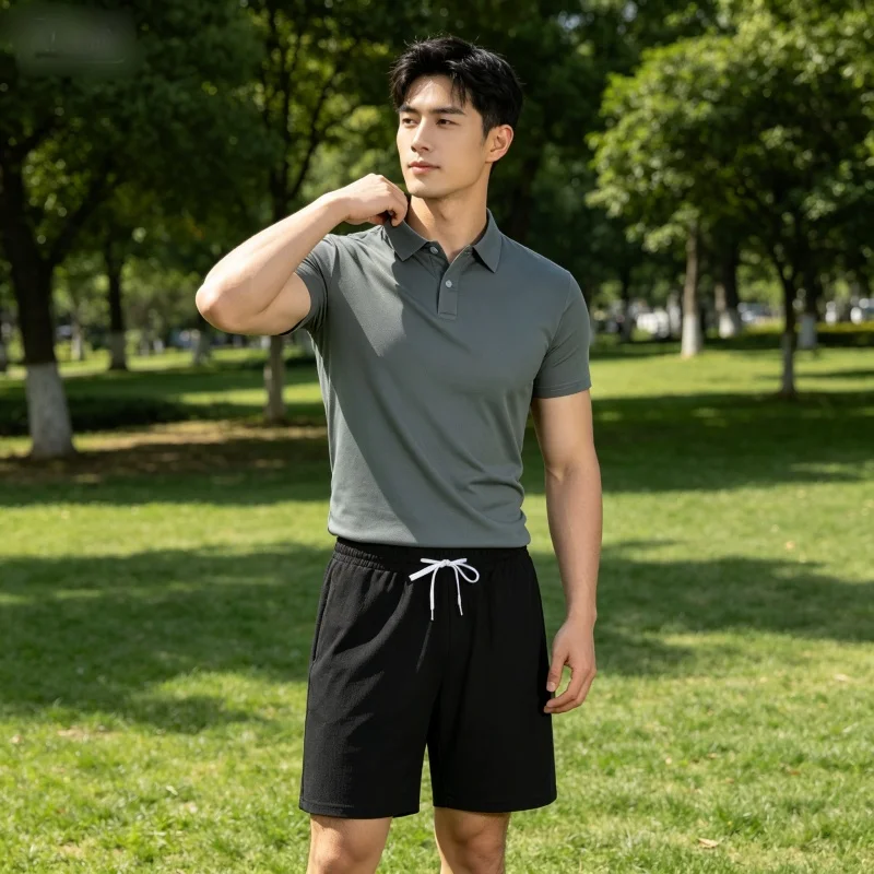 

Men's Summer Casual Polo Shirt Set Male Fashion Tracksuit Solid Color Suit Trun Down Collar Zipper Clothing Vintage Outfit
