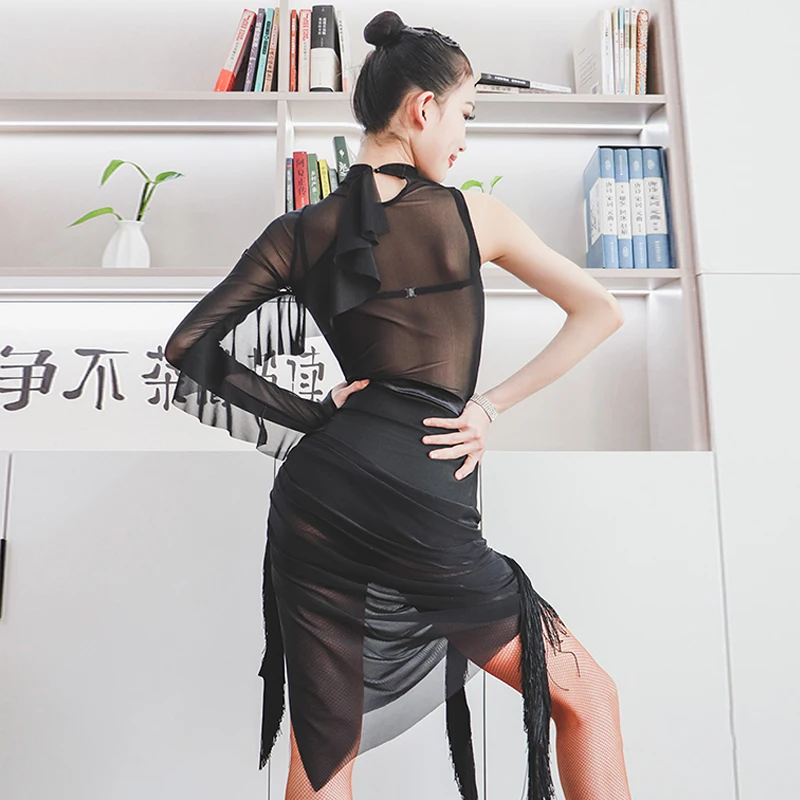 Robe de danse latine noire pour femmes, robes à franges Sexy, vêtements de spectacle de danse Rumba Tango, vêtements de danse d'entraînement latin pour adultes VDL2621
