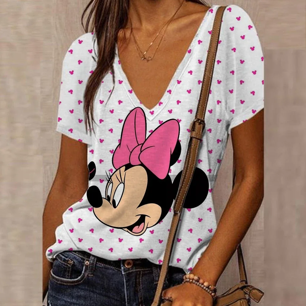 Disney Mickey Mouse Print Zomer T-Shirt Voor Dames Oversized T-Shirt Met V-Hals Kleding Pulovers Top Grafische T-Shirts Casual