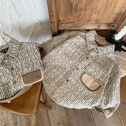 Children's Shirt 2023 Autumn Boys' Internet Celebrity Two-Color Tappered Patch Shirt Casual Cardigan Trendy F0331