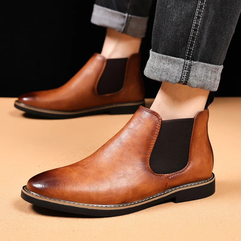 British Style Men's Chelsea Boots Retro Brown Pointed Toe Ankle Boots Man High Top Leather Shoes Men Slip-on Boots Big Size 47 view 2
