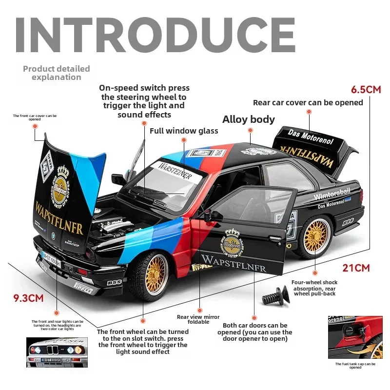 BMW M3 Racing Car Model with Sound Light Pullback Children Toy 1/24 Scale Diecast Vehicle Birthday Gift Toy Miniature Voiture