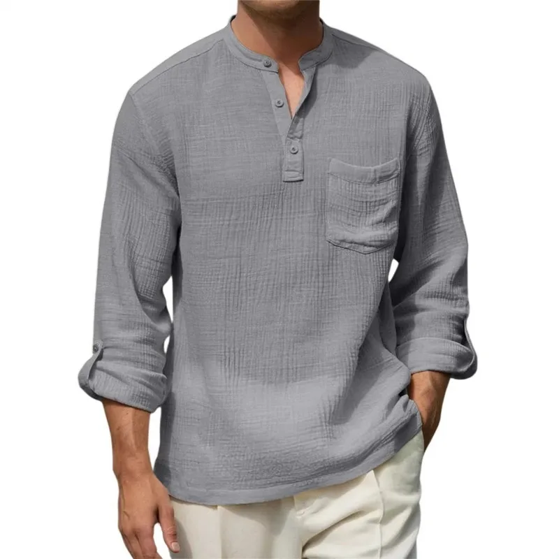 Men's Blue Textured Henley Shirt with Stand Collar Chest Pocket Roll Up Long Sleeve Casual Top view 3