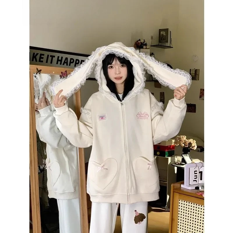 

Японская толстовка Harajuku Kawaii, женская толстовка с длинными рукавами и кроличьими ушками, кружевная милая толстовка, повседневная осенняя женская шикарная уличная одежда, топы