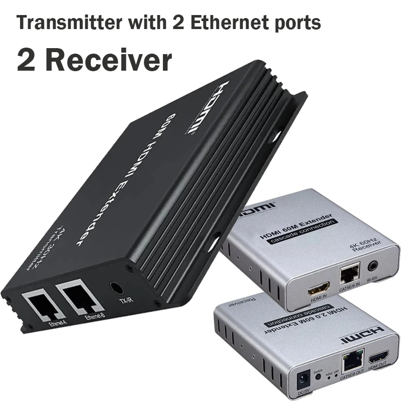 

4K 60Hz HDMI Extender Splitter 1 in 2 out over Rj45 Cat6 cable 60M HDMI Splitter Ethernet Extender 1x2 Transmitter Receiver kit