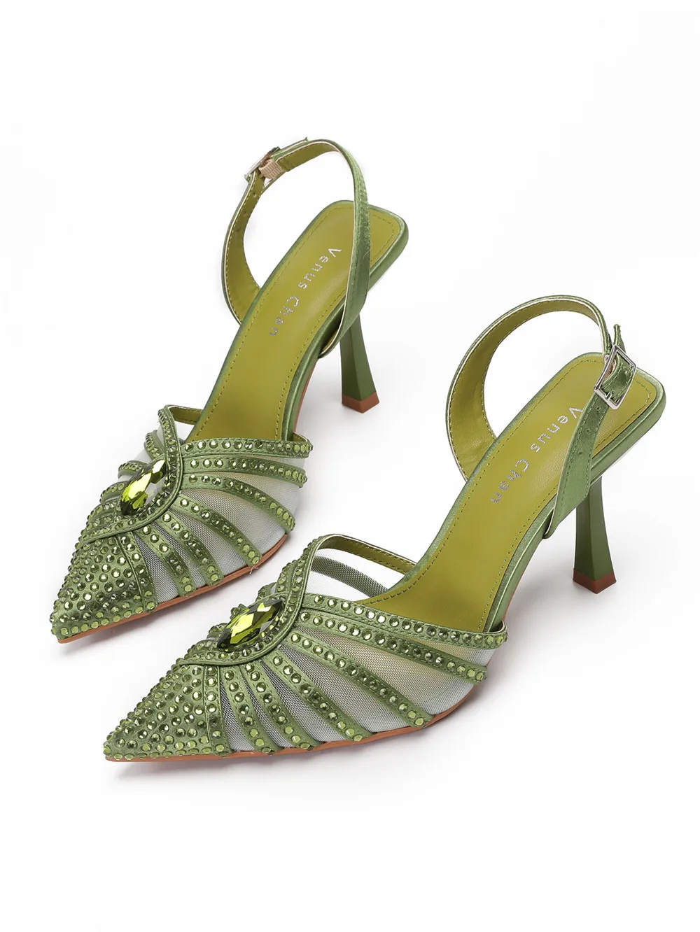 2026 Elegant Fruit Green Women's Heels and Rhinestone Handbag Set - Italian Design for Weddings and Parties