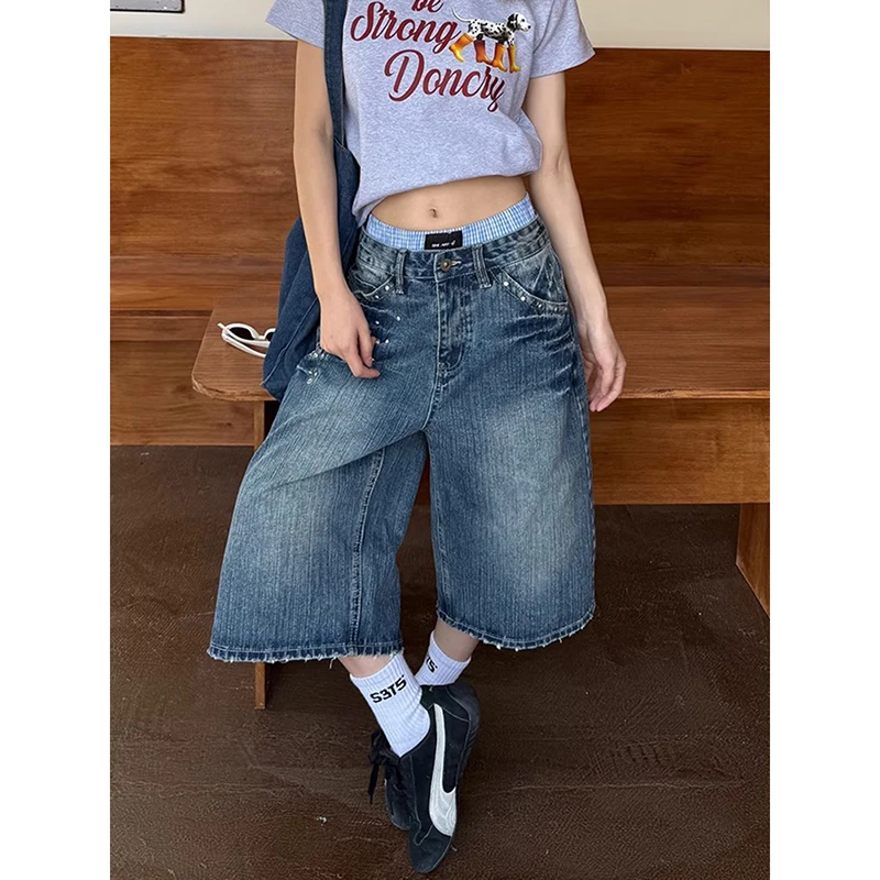 

ZHIZOU Y2K Vintage 90s Women Denim Shorts Baggy High Waist Korean Wide Leg Pants Casual Oversize Washed Jeans Streetwear Summer