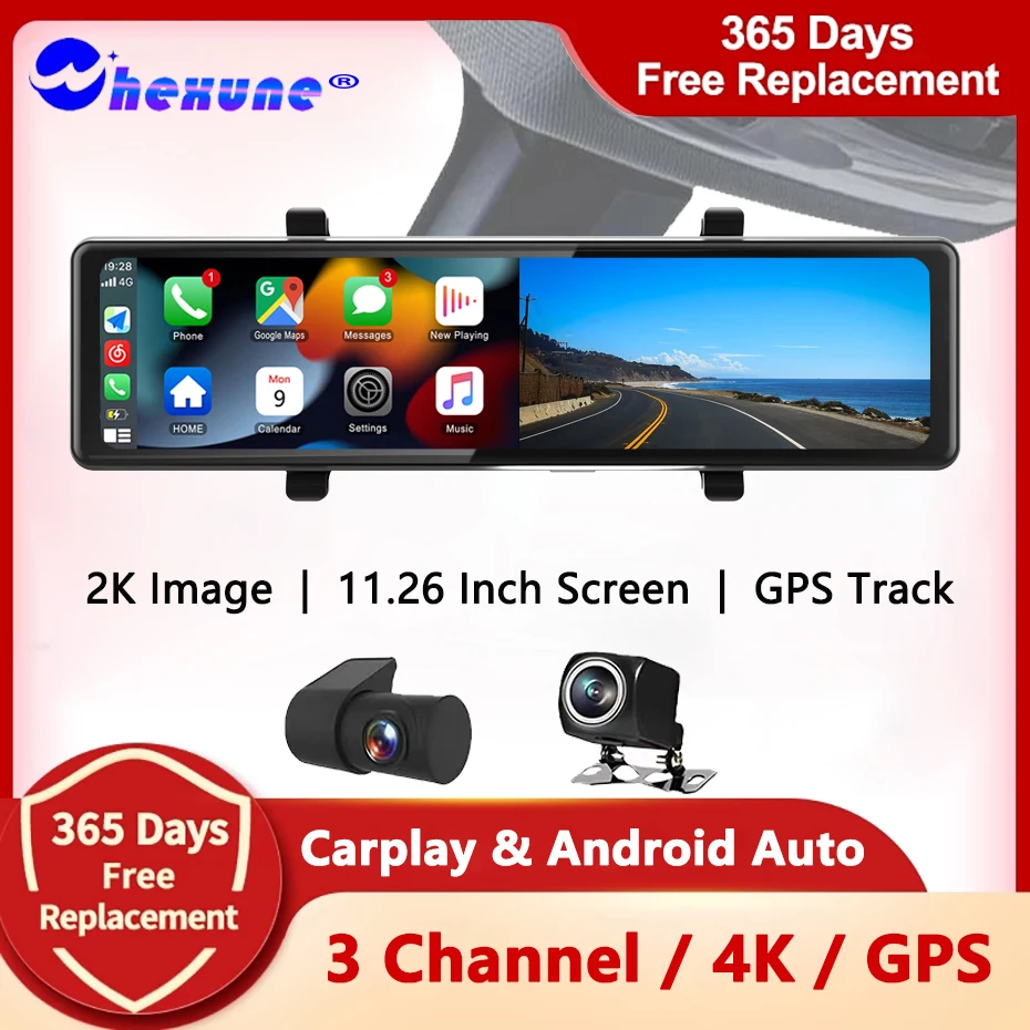 WHEXUNE 3 Cameras Dash Cam 2.5K Android Auto CarPlay DVRS GPS Navigation WIFI Rear View Mirror Black Video Recorder 24Hs Monitor