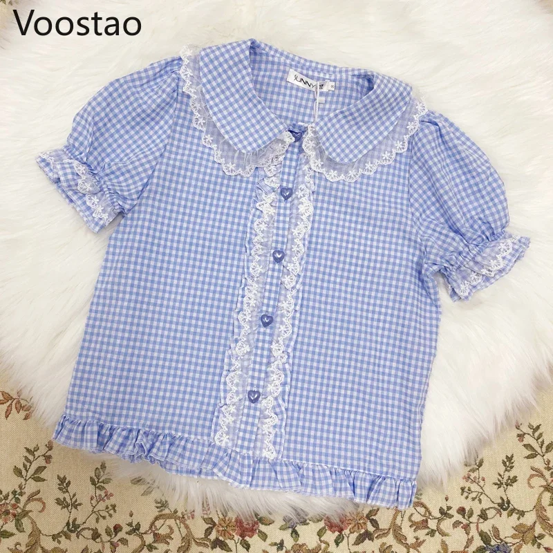 Blusas japonesas de estilo dulce Lolita para niñas, lindas camisas de encaje con volantes y mangas abullonadas a cuadros JK, Blusas Kawaii de estilo Preppy para Mujer X