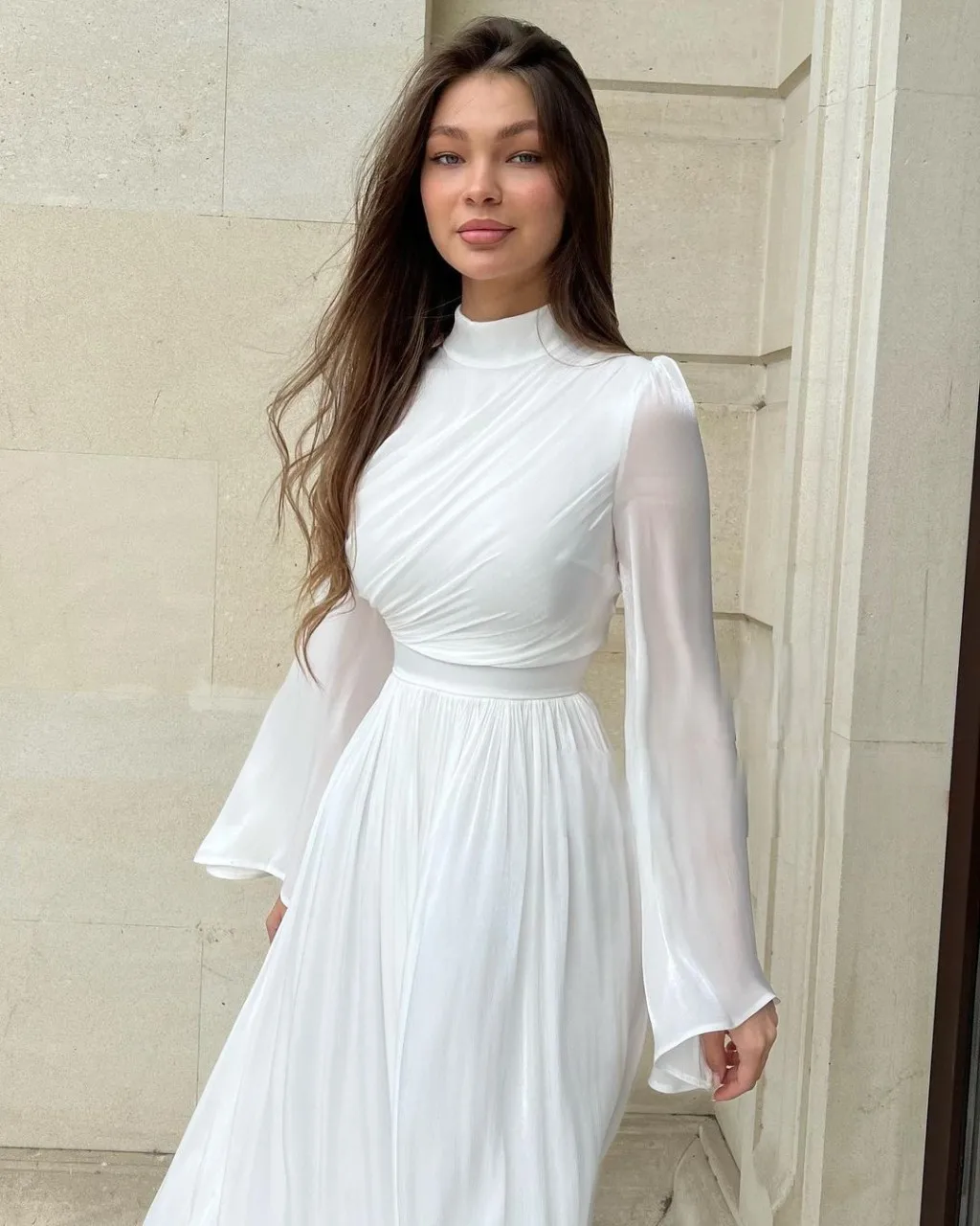 Sapmae O-neck Sheath Full Sleeve White Tea-length Zipper Up Chiffon Prom Evenning Cocktail Formal Dress For Women In 2024