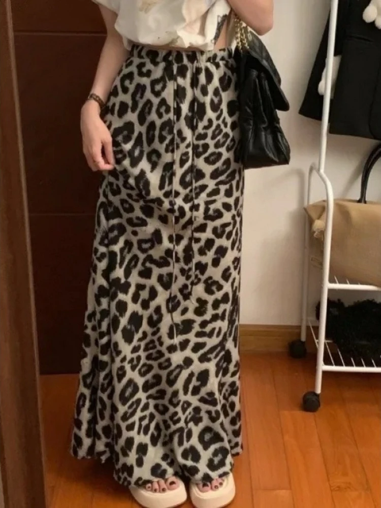 Vintage Leopard Printing Women Skirt Y2k Aesthetic High Waist Drawstring A-line Long Skirts 2026 Summer Harajuku Grunge Faldas