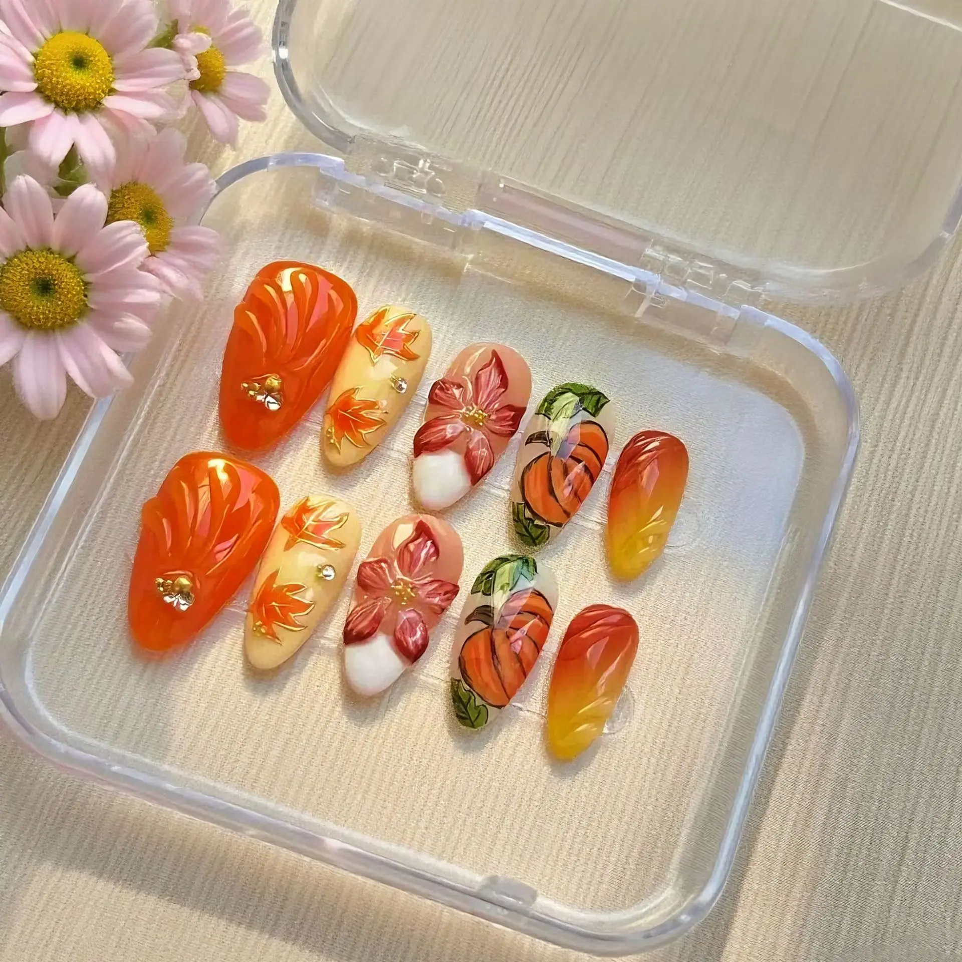 30Pcs Almond Pumpkin Press on Nails Gradient Frowers False Nail for Women&Girls Thanksgiving Day Detachable Wearable Nail