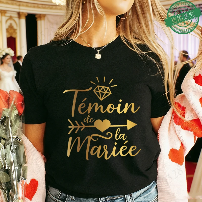 French Future Bride Team T-Shirts Shiny Gold Foil Graphic Casual Tops Short Sleeve Tees for Bachelorette EVJF Party Bridal Squad