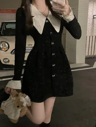 French Doll Neck Black Velvet Dress For Woman Autumn Winter Waist Tight Slim Fit Black Dress Elegant Bow Button Mini Vestidos