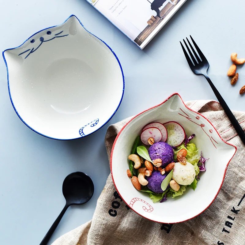 6.3 inch Cartoon Cat Bowl Ceramic Noodle Ramen Bowl Blue Red Kitty Chinese Restaurant Maneki Neko Household Soup