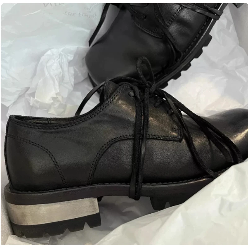 Platform Lace-Up Metal Square-Toe Chunky Heels Loafers Shoes Men's 2026 Black Upturned Toes Front Laces Casual Formal Footwear